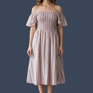 ROBERT LOUIS Pink Striped Smocked Off Shoulder Linen Longline Doll Dress